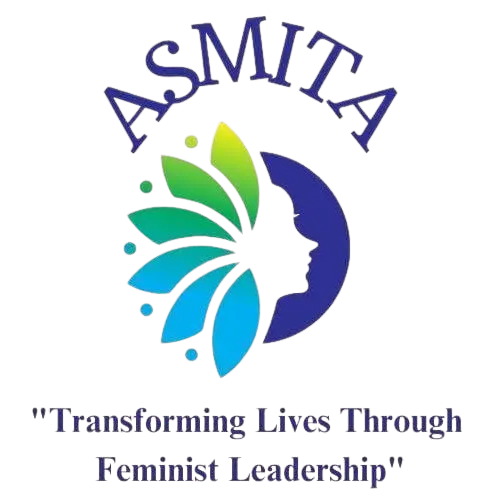 ASMITA logo with the tagline 'Transforming Lives Through Feminist Leadership' featuring a stylized female profile with a floral design